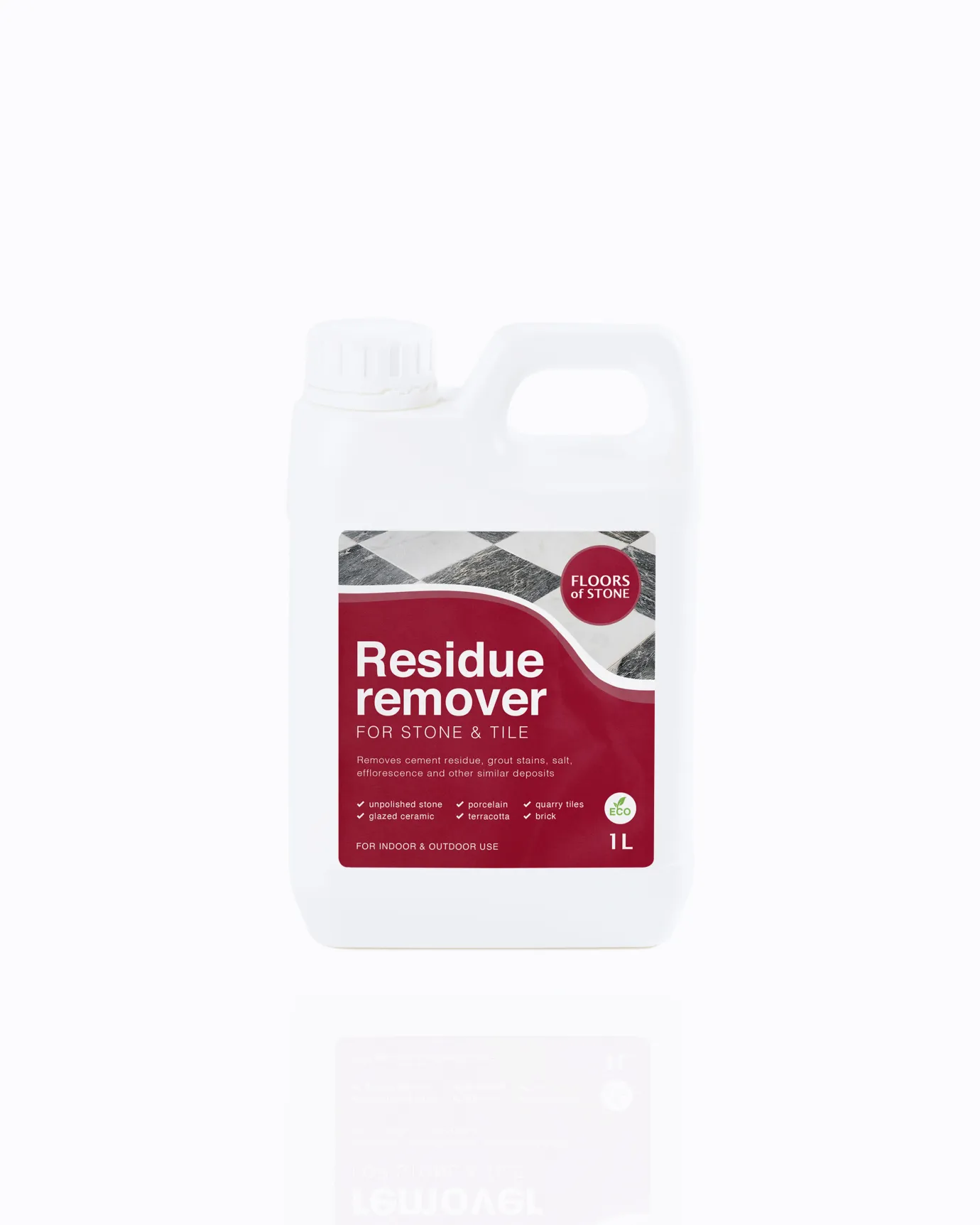 A cut-out image of a 1L bottle of Stone and Tile Residue Remover by Floors of Stone.