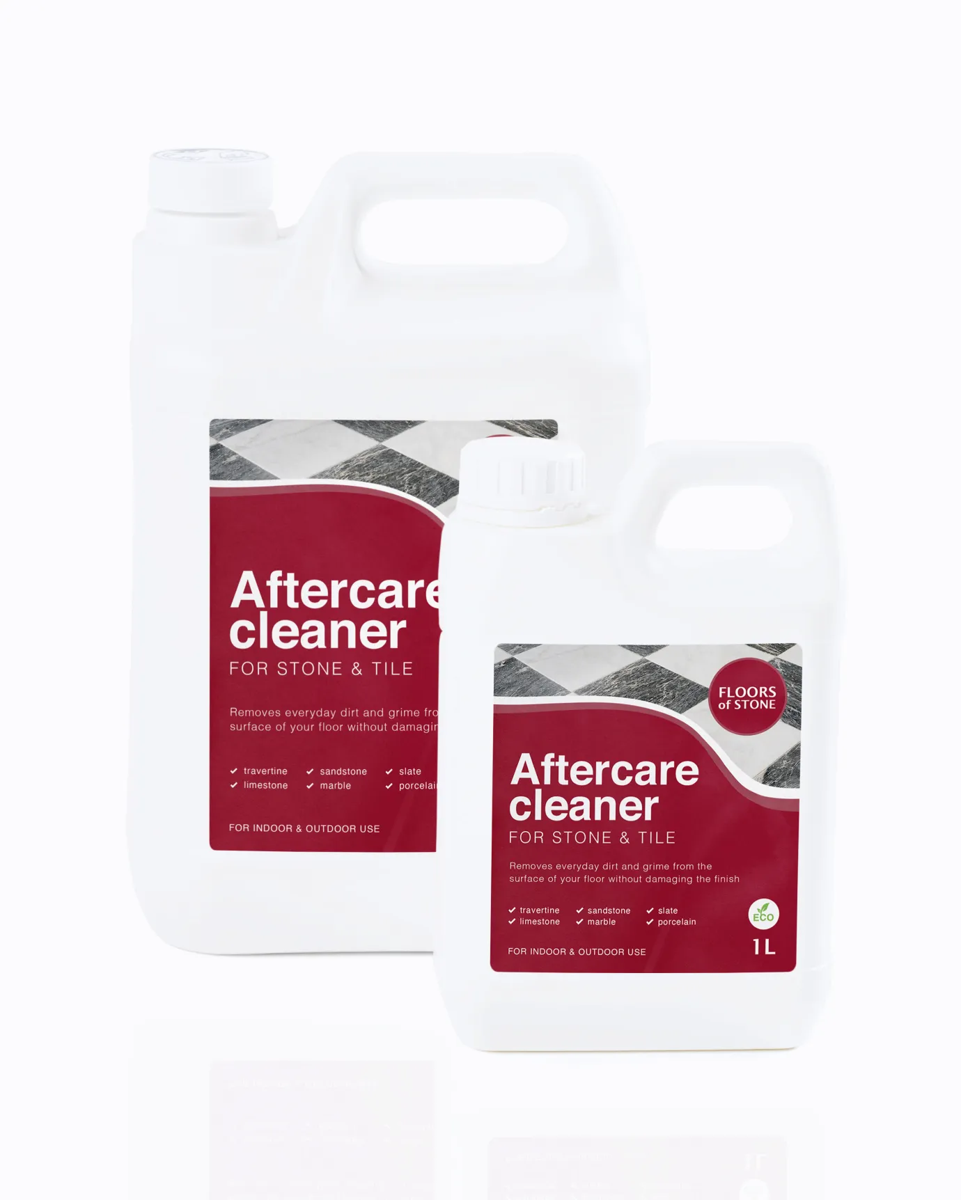A cut-out image of a 5L and 1L bottle of Stone and Tile Aftercare cleaner by Floors of Stone.