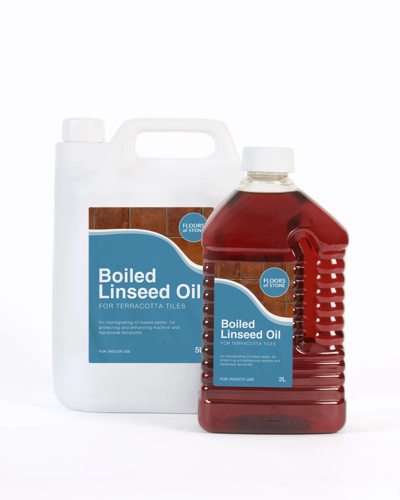 A cut-out image of a 5L and 2L bottle of Boiled Linseed Oil for terracotta tiles by Floors of Stone.