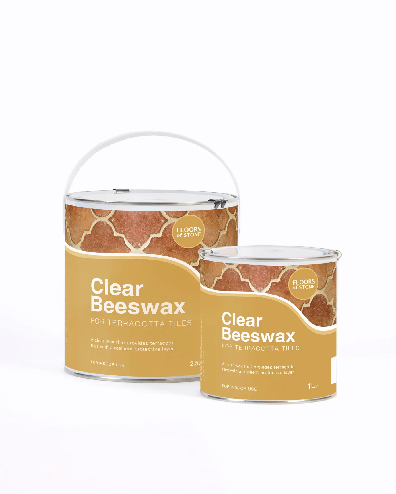 A cut-out image of a 2.5L and 1L tin of Clear Beeswax for terracotta tiles by Floors of Stone.