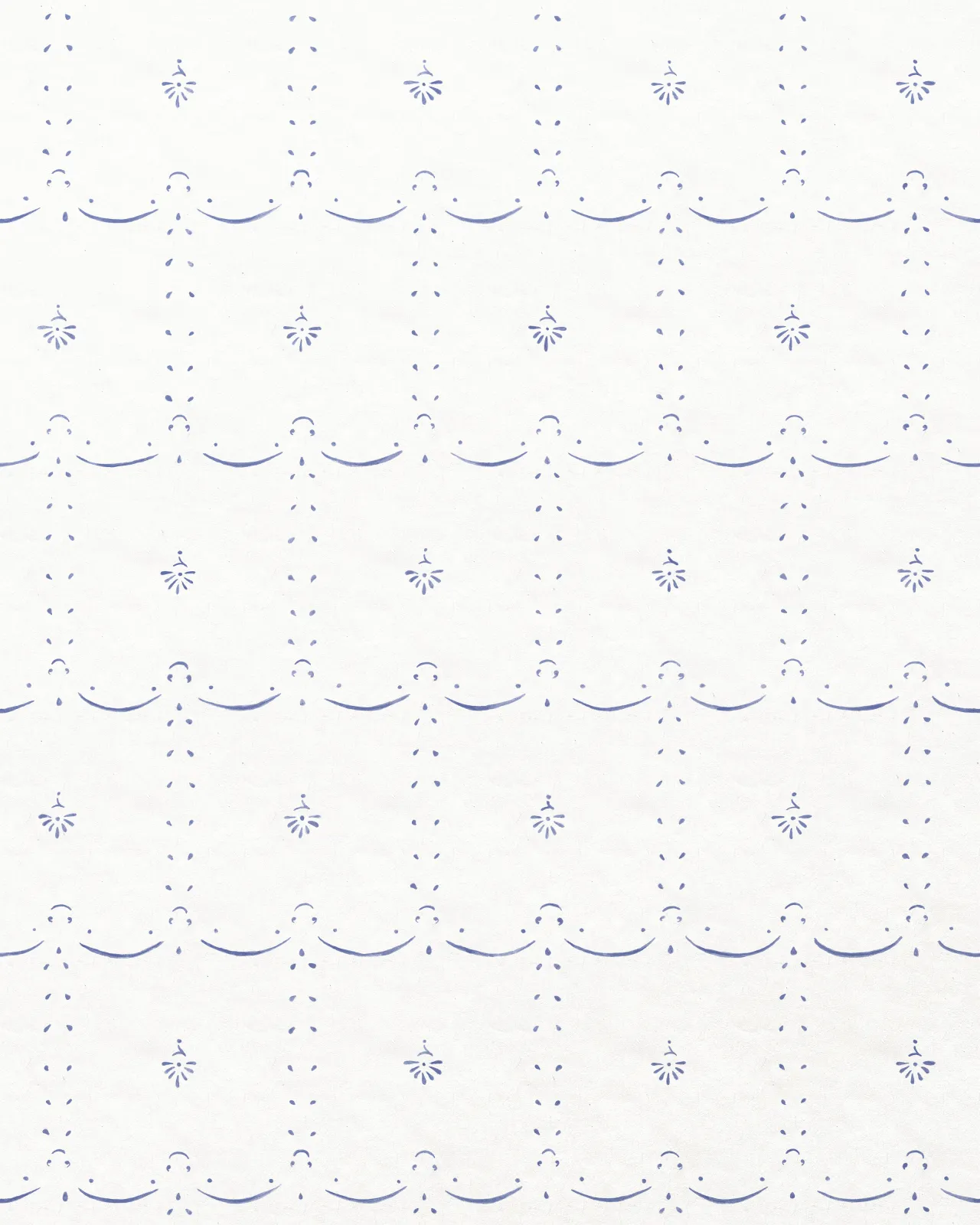 An off-white wallpaper with a delicate hand-painted pattern in a blue colour.